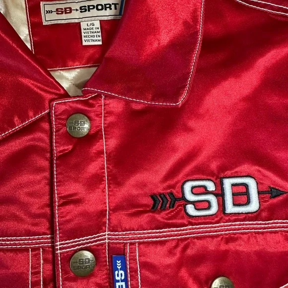 SD Sport Red Peppers Satin Men’s Trucker Full Snap Jacket-Size Large Jackets & Coats